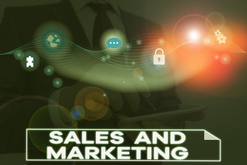 Conceptual hand writing showing Sales And Marketing. Concept meaning Promotion Selling Distribution of Goods or Services