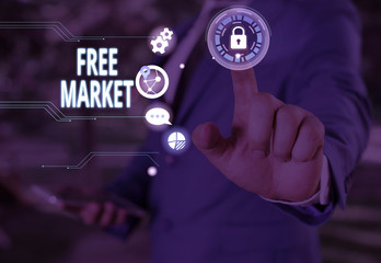 Text sign showing Free Market. Business photo showcasing an unregulated system of economic exchange or free competition