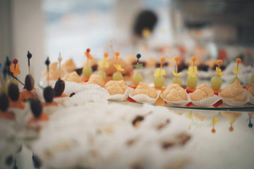 Desserts with fruit in vases. Advertising concept of desserts, sweets, cooking, holidays