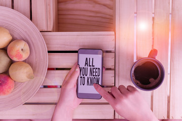 Writing note showing All You Need To Know. Business concept for Tell only the Facts and Important ones Access to Data woman with laptop smartphone and office supplies technology