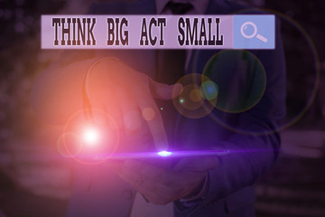 Text sign showing Think Big Act Small. Business photo text Great Ambitious Goals Take Little Steps...