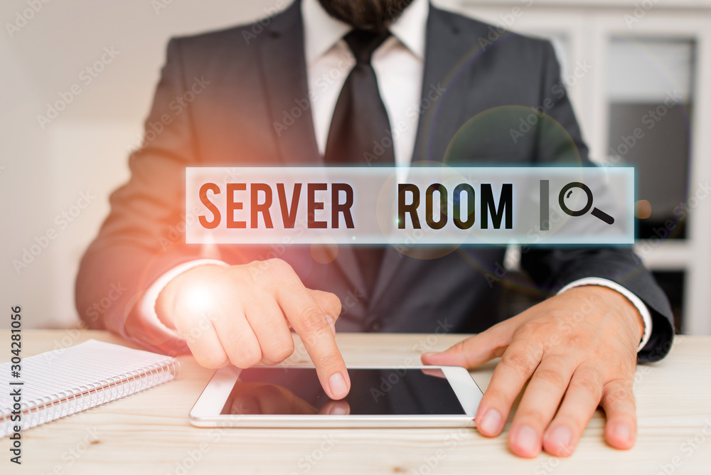 Poster conceptual hand writing showing server room. concept meaning a room used to store power and operate 