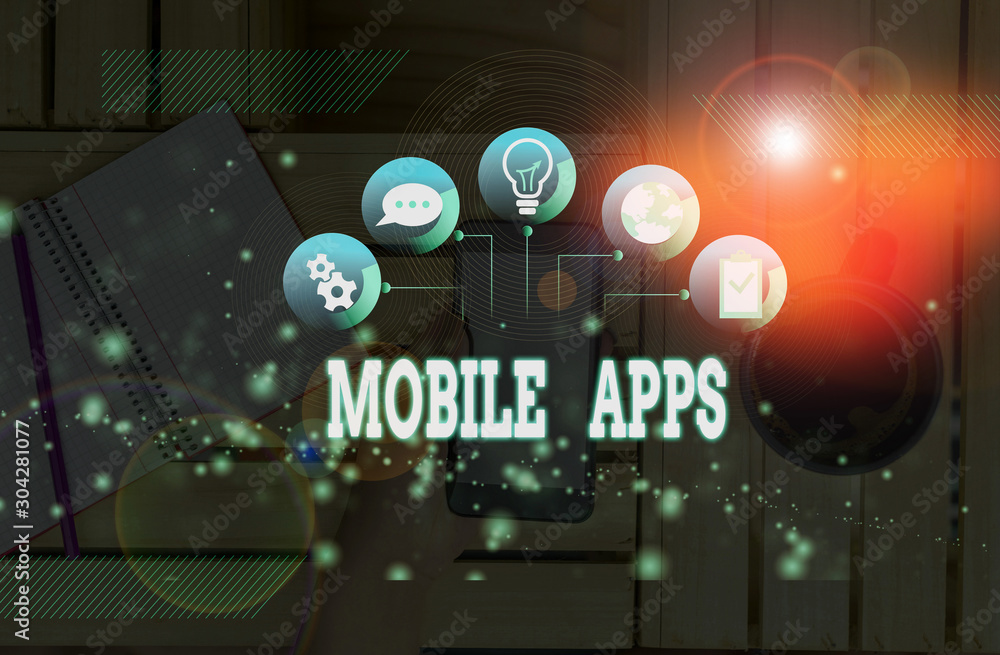 Poster handwriting text mobile apps. conceptual photo application software designed to run on a mobile devi