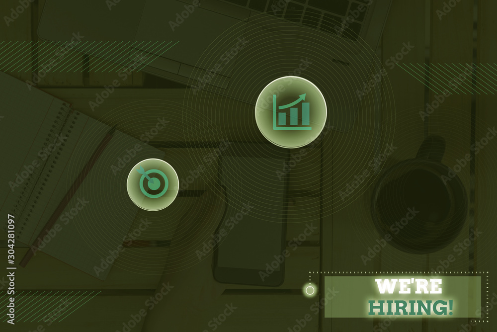 Poster handwriting text writing we are re hiring. conceptual photo process of reviewing applications and fi
