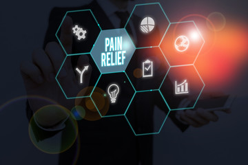 Text sign showing Pain Relief. Business photo showcasing Drugs or other methods of reducing or getting rid of pain