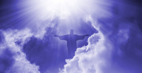 Jesus appeared bright in the sky and Christian Cross with soft fluffy clouds, white and beautiful...