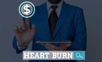 Word writing text Heart Burn. Business photo showcasing a burning sensation or pain in the throat from acid reflux