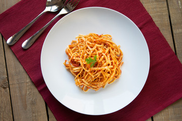 Spaghetti with tomato sauce top view