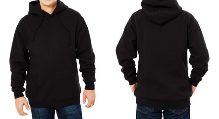 Man hoody set, black hoody front and back view, hood mock up. Empty male hoody copy space. Front...