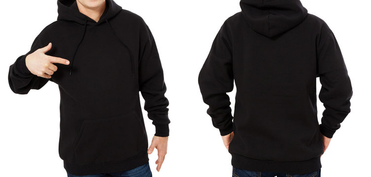 Man hoody set, black hoody front and back view, hood mock up. Empty male hoody copy space. Front and rear background