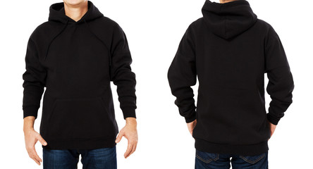Man hoody set, black hoody front and back view, hood mock up. Empty male hoody copy space. Front...
