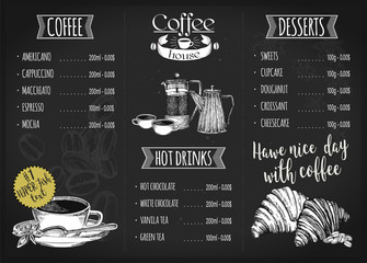 Restaurant menu design. Coffee restaurant brochure vector, coffee shop menu design.