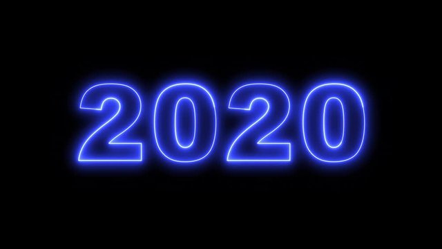 2020 new year eve celebration sign in flickering shiny electric neon blue on a black background - looped