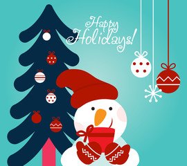 Happy New Year and Merry Christmas lovely vector card. Funny snowman with present and Christmas tree with holiday toys