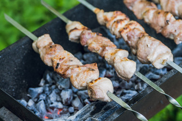 Meat grilling on the brazier. Selective focus.