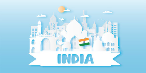 India Travel postcard, poster, tour advertising of world famous landmarks in paper cut style. Vectors illustrations