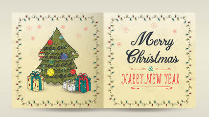 layout of 7 Christmas and new year cards for decoration print design in the style of childrens Doodle in a frame of garlands divided into two halves with a congratulatory inscription larger tree gifts