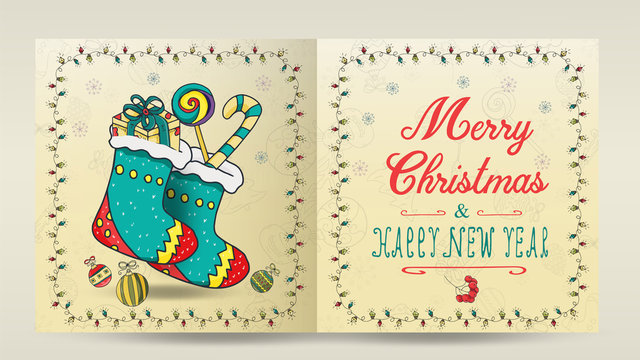 layout of 8 Christmas and new year cards for the design of the print design in the style of childrens Doodle in frame of garlands divided into two halves with congratulatory inscription two socks with