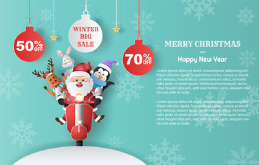 Paper art style of Santa Claus with friends on scooter, winter sale promotion banner with discount offer on special occasion.
