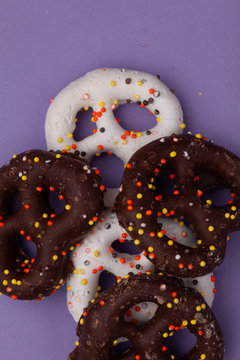Group of stale, frezer burned chocolate pretzels
