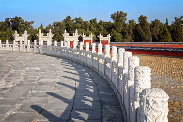 Chinese ancient Temple of Heaven. Asian architectural background.  old stone fence with ancient chinese pattern,  Beijing. UNESCO World Heritage Site