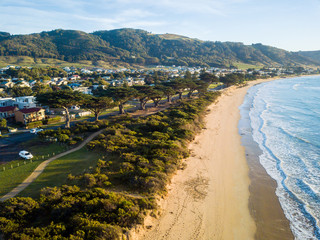 Aerial beach view on sunrise