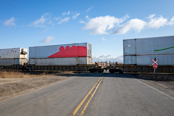 Fototapeta na wymiar Eastern Alberta, Canada - Oct 23 2019: Freight train with cargo containers passing railroad crossing with stop road sign and asphalt road in the middle of prairie, Canadian National 