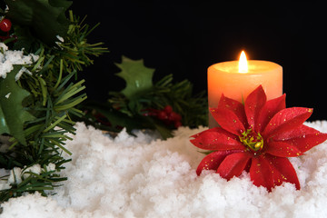 Obraz na płótnie Canvas Red Poinsettia flower with lit candle and Mistletoe in snow. Christmas Background with holiday theme.