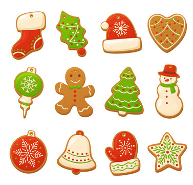 Cartoon gingerbread cookies for celebration design. Christmas vector elements for illustration, cards, banners and holiday backgrounds. Delicious homemade cookies. Festive decorations