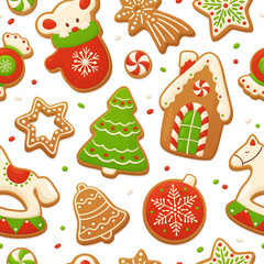 Cartoon gingerbread cookies for celebration design. Merry Christmas vector seamless pattern. Delicious homemade pastries. Winter holiday illustration
