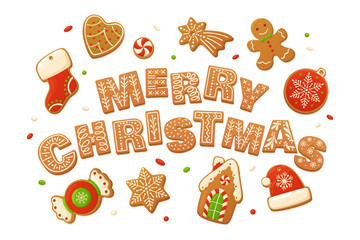 Merry Christmas vector backgrounds. Cartoon gingerbread cookies for celebration design. Delicious homemade pastries. Winter holiday illustration