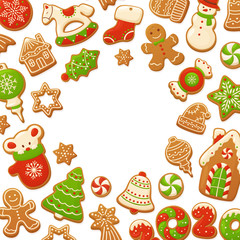 Cartoon gingerbread cookies for celebration design. Merry Christmas vector backgrounds. Delicious homemade pastries. Winter holiday illustration