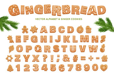 Gingerbread alphabet for decoration design. Christmas vector illustration. Sweet dessert. Winter holiday elements.