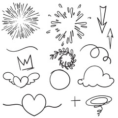 Hand drawn set elements cartoon black on white background