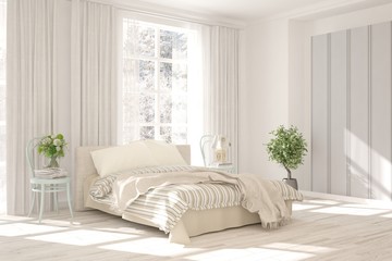 Stylish bedroom in white color with winter landscape in window. Scandinavian interior design. 3D illustration