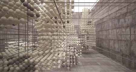Abstract architectural concrete  interior  from an array of spheres with large windows. 3D illustration and rendering.