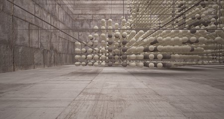 Abstract architectural concrete  interior  from an array of spheres with large windows. 3D illustration and rendering.