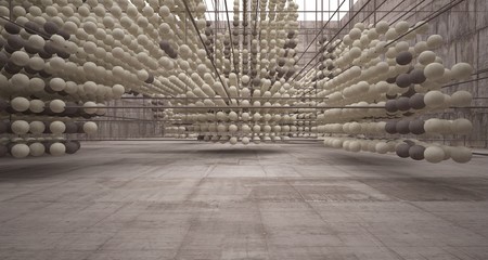 Abstract architectural concrete  interior  from an array of spheres with large windows. 3D illustration and rendering.