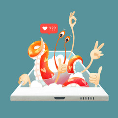 Consept illustration about social media mobile addiction. Character octopus addicting followers to gadgets. Isoleted colorful digital. Ideal for banner.