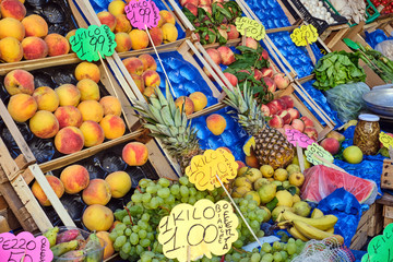 Great choice of fresh fruit seen at a market in Naples, Italy