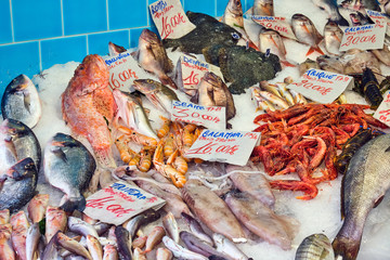 Great choice of fresh fish and seafood seen at a market in Naples, Italy