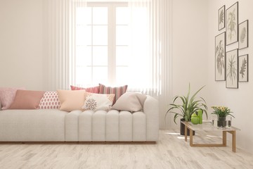 Stylish room in white color with sofa. Scandinavian interior design. 3D illustration