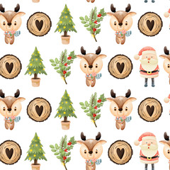 Watercolor Christmas watercolor pattern. Winter pattern. Pattern with christmas tree, cookies, santa claus, deer, christmas tree branches. Cartoon style, Cute illustration.