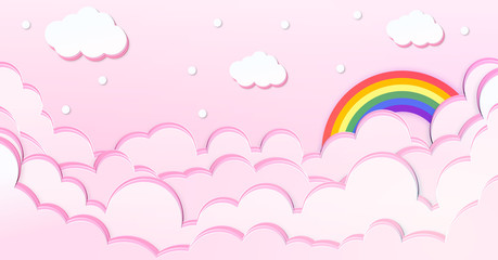 Abstract kawaii clouds cartoon on pink sky with rainbow background. Concept for children and kindergartens or presentation and christmas day