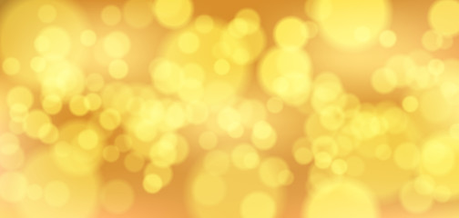 Golden bokeh banner. Bright festive background. Christmas glowing lights. Holiday decorative effect.