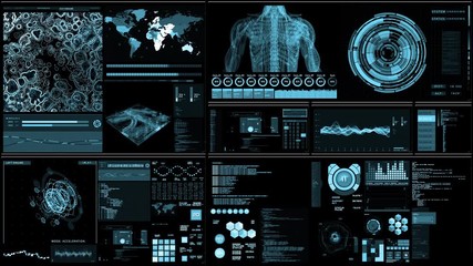 light blue Futuristic interface/Digital screen.Detailed abstract background with blinking and switching indicators and statuses showing work of command center, processing big data, machine deep learni - Powered by Adobe