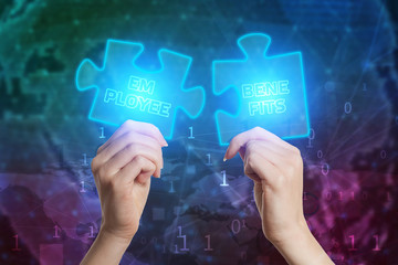 The concept of business, technology, the Internet and the network. Business solutions, success and strategy concept. Businessman hand connecting jigsaw puzzle. Employee benefits