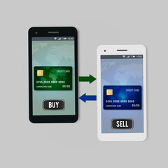 Ttwo smartphones with sell and buy buttins and credit cards on screen. Mobile payment and оnline shopping concept. Vector illustration.