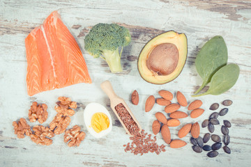 Vintage photo, Ingredients containing omega 3 acids, unsaturated fats and fiber, healthy lifestyle,...