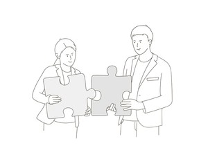 People with puzzles. Line drawing vector illustration.